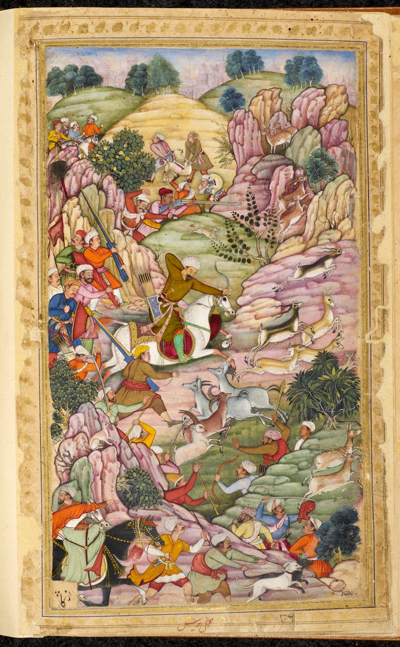 Lov císaře Babura mezi Ali Shang a Alangar v oblasti Kábulu (Afghánistán). Miniatura z perského rukopisu Vaqi at i Baburi, vzpomínky mughalského císaře Babura (Zahir ud din Muhammad) (1483-1530), Indie, kolem roku 1590. Britské Libra od Indian School