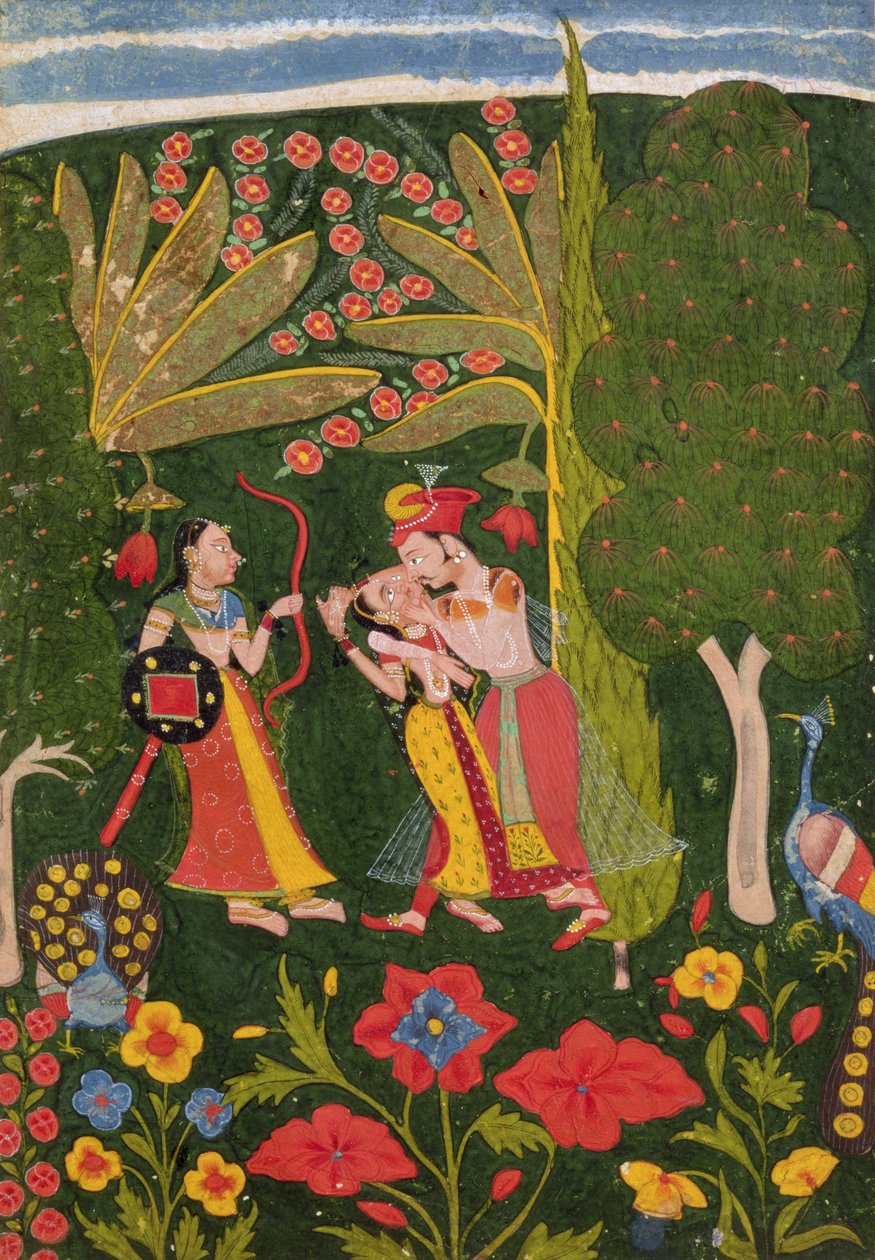Objímající se milenci v lese, Bundi, asi 1650 (kvaš na pergamenu) od Indian School
