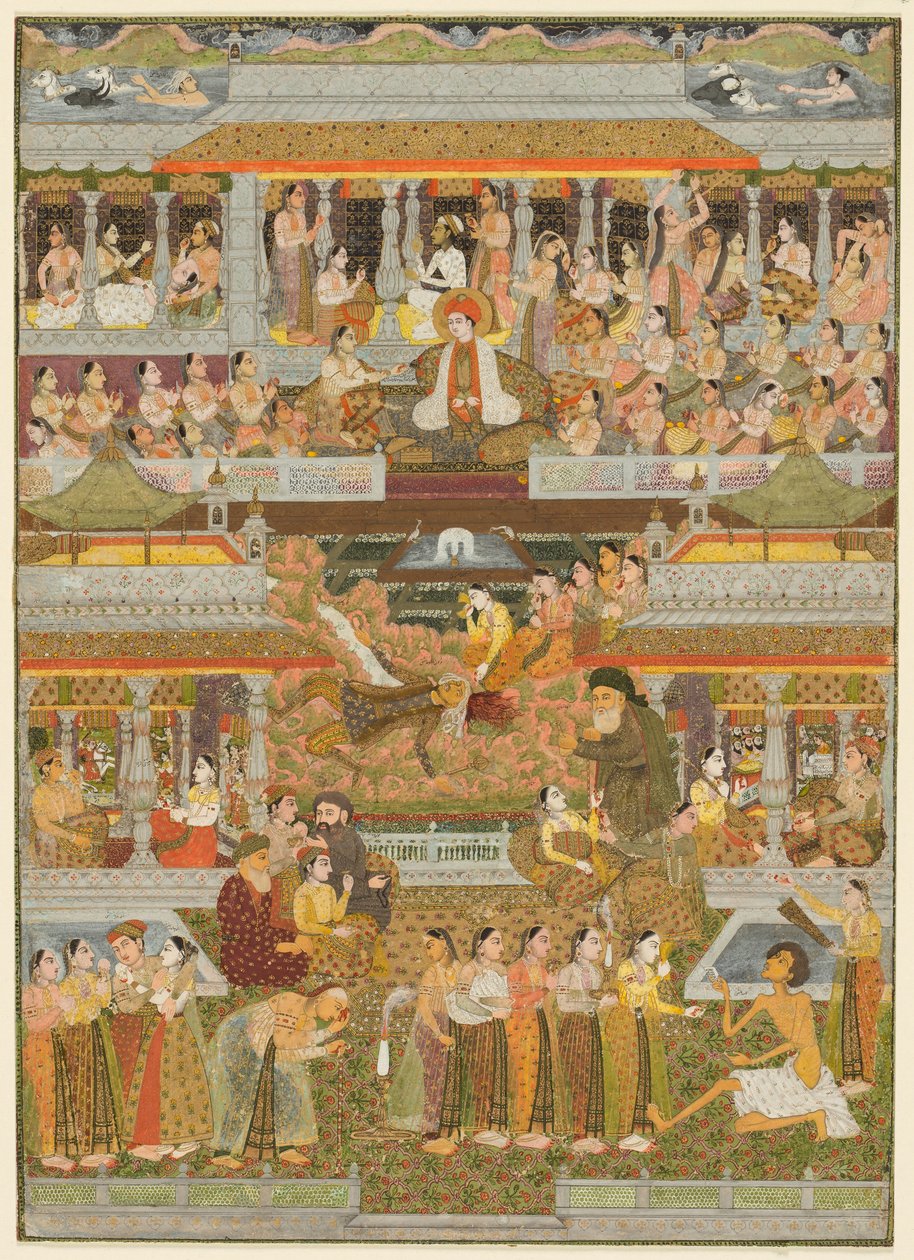 Milenci a milenci: Složený ze scén z perské, urdské a sanskrtské literatury, c. 1735 (neprůhledný akvarel se zlatem na papíře) od Indian School