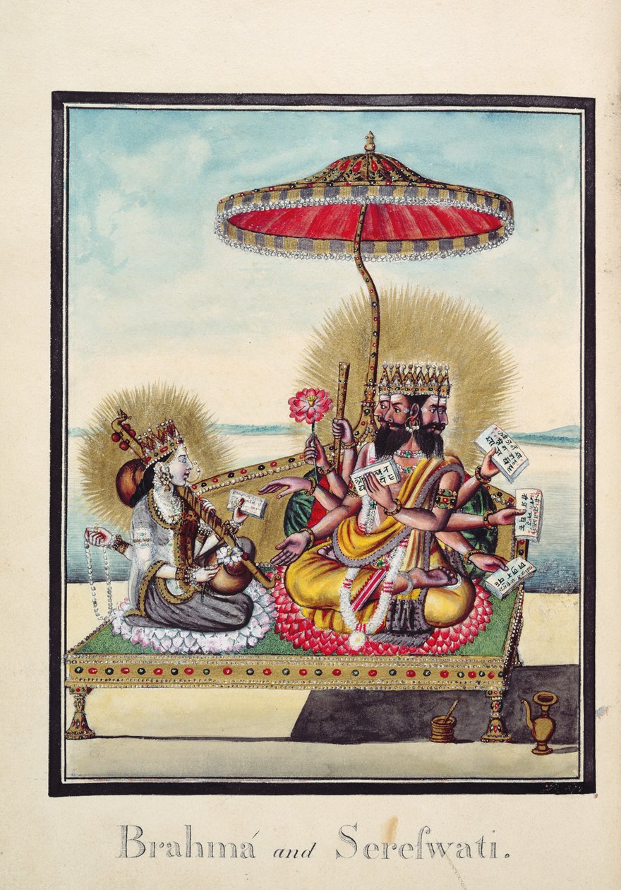 MSS EUR C 116/1 f.24v Brahma a Saraswati, z hinduistického eposu „Adhyatma Ramayana“, od umělce Chapra, vodoznak 1802 (akvarel) od Indian School