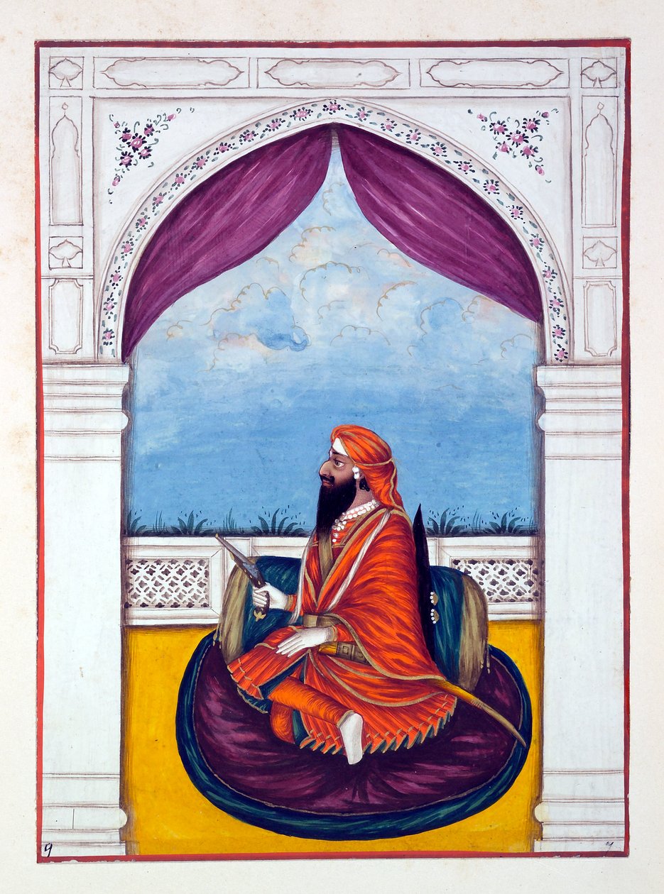Maharaja Dyan Singh, z Království Paňdžáb, jeho vládci a náčelníci, svazek I, svazek 27 akvarelových studií od neidentifikovaného indického umělce, kolem roku 1840 (wc na papíře) od Indian School
