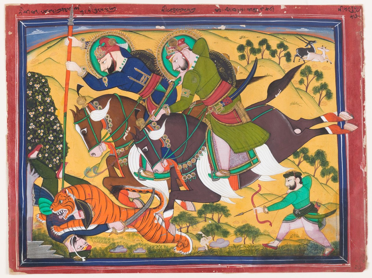 Maharaja Ram Singh lovící tygra, druhá čtvrtina 19. století (akvarel na papíře) od Indian School