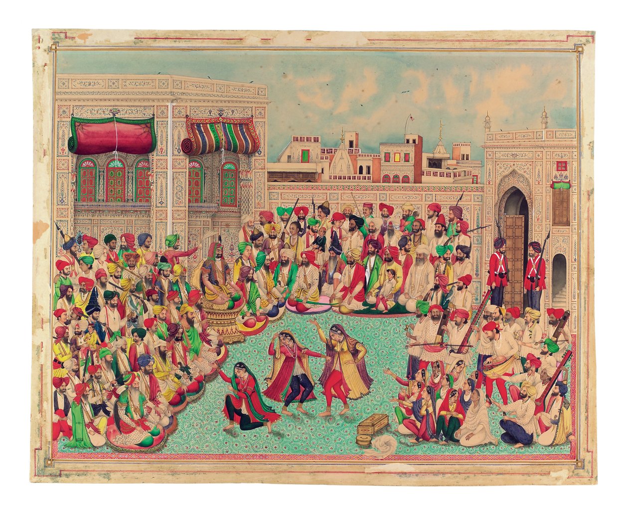 Maharaja Sher Singh a společníci sledující taneční vystoupení, cca 1850 (neprůhledný akvarel a zlato na papíře) od Indian School