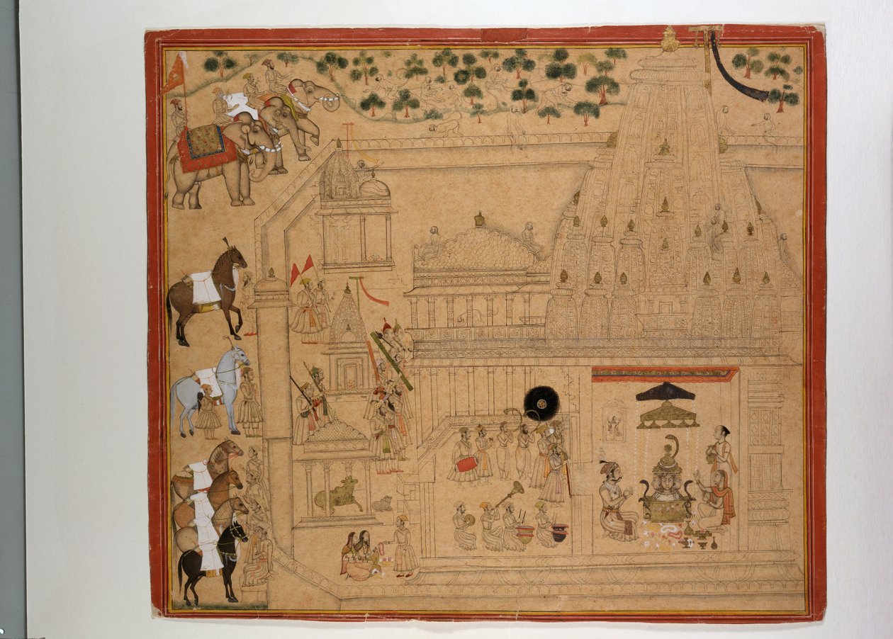 Maharana Amar Singh of Mewar Eklingjin temppelissä, n. 1695 (guassi, kultaa ja hopeaa paperilla) od Indian School