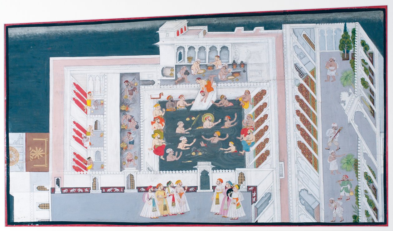 Maharana Jagat Singh II dovádí v palácovém bazénu, cca 1746-50 (neprůhledné wc a zlato na papíře) od Indian School