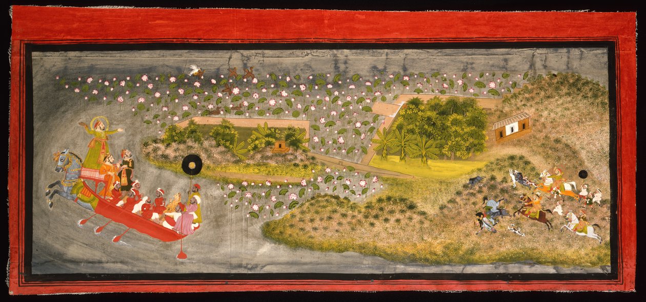 Maharana Jagat Singh II Hawking a lov kance, cca 1740 (neprůhledné w/c, stříbro a zlato na papíře, připevněno na stránce alba) od Indian School