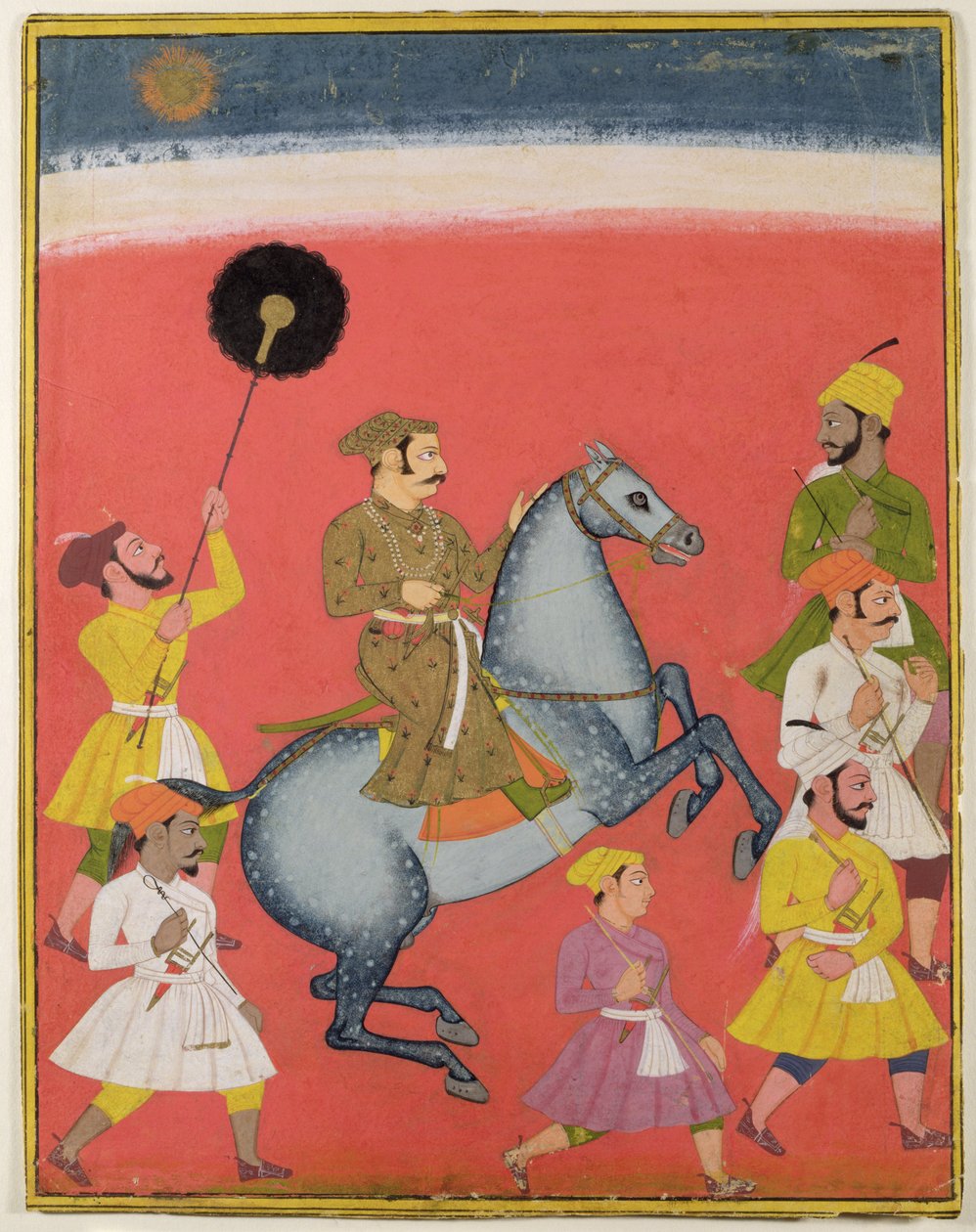 Maharana Raj Singh I z Mewar (reg. 1652-80) Riding, Udaipur (Mewar) Rádžasthán, kolem 1670 (kvaš se zlatem na papíře) od Indian School