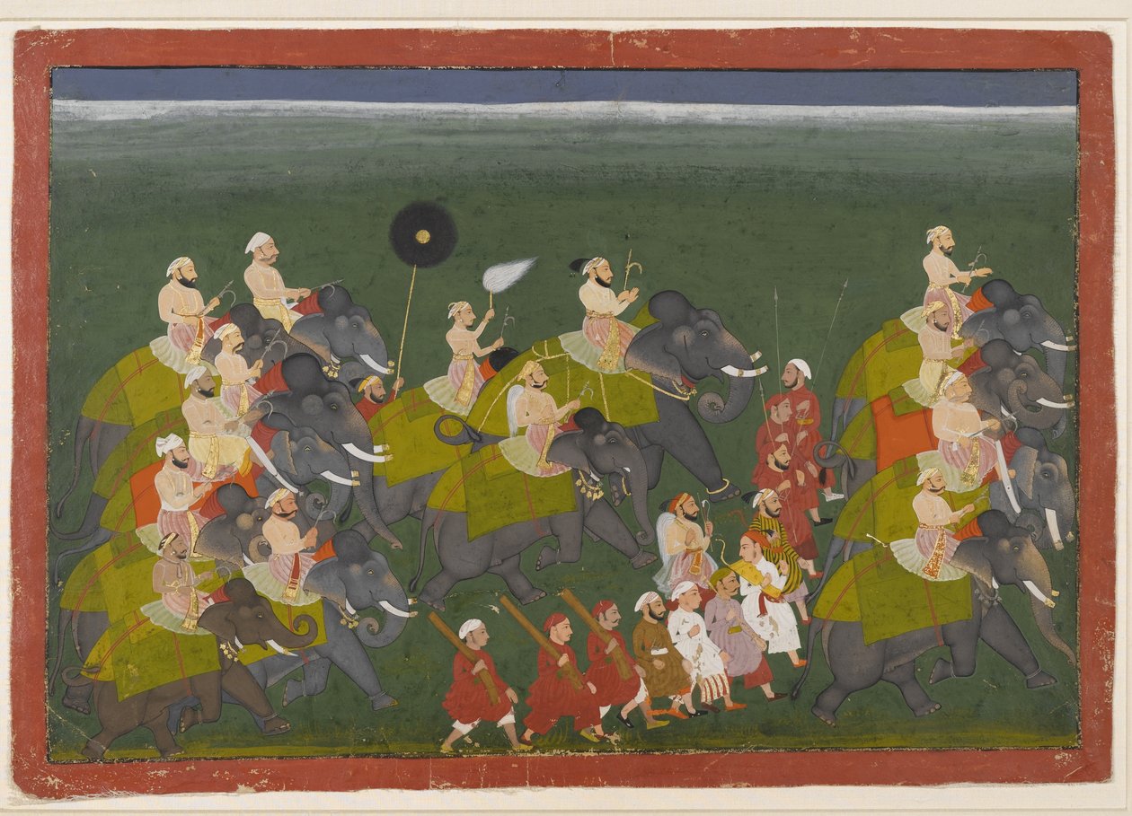 Maharana Sangram Singh z Mewar na koni v průvodu slonů, Udaipur, Rádžasthán, kolem 1730-40 (neprůhledné wc a zlato na papíře) od Indian School