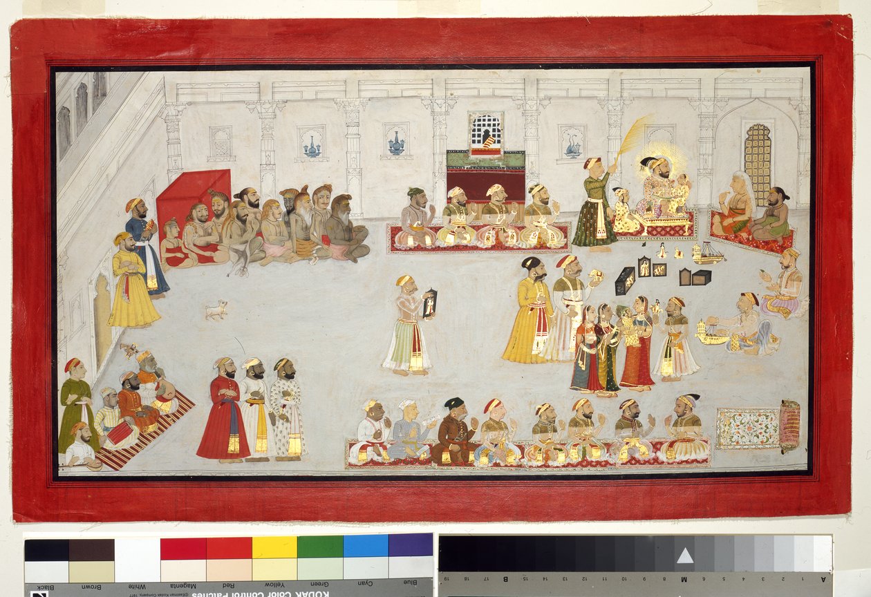 Maharana Sangram Singh se svými dětmi a dvořany, kolem 1715 (neprůhledné wc a zlato na papíře, připevněno na stránce alba) od Indian School