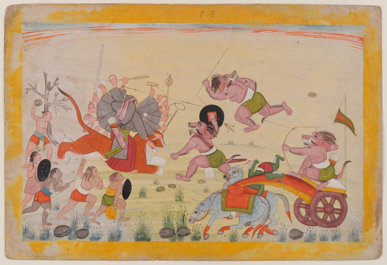 Mahasura útočí na Devi, folio z rozptýlené série Devi Mahatmya, kolem 1770-80 (wc na papíře) od Indian School