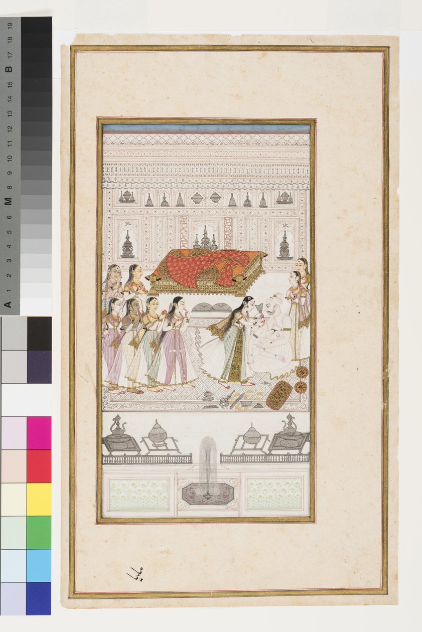 Manohar se zhroutí do náruče svého otce, kolem roku 1710 od Indian School