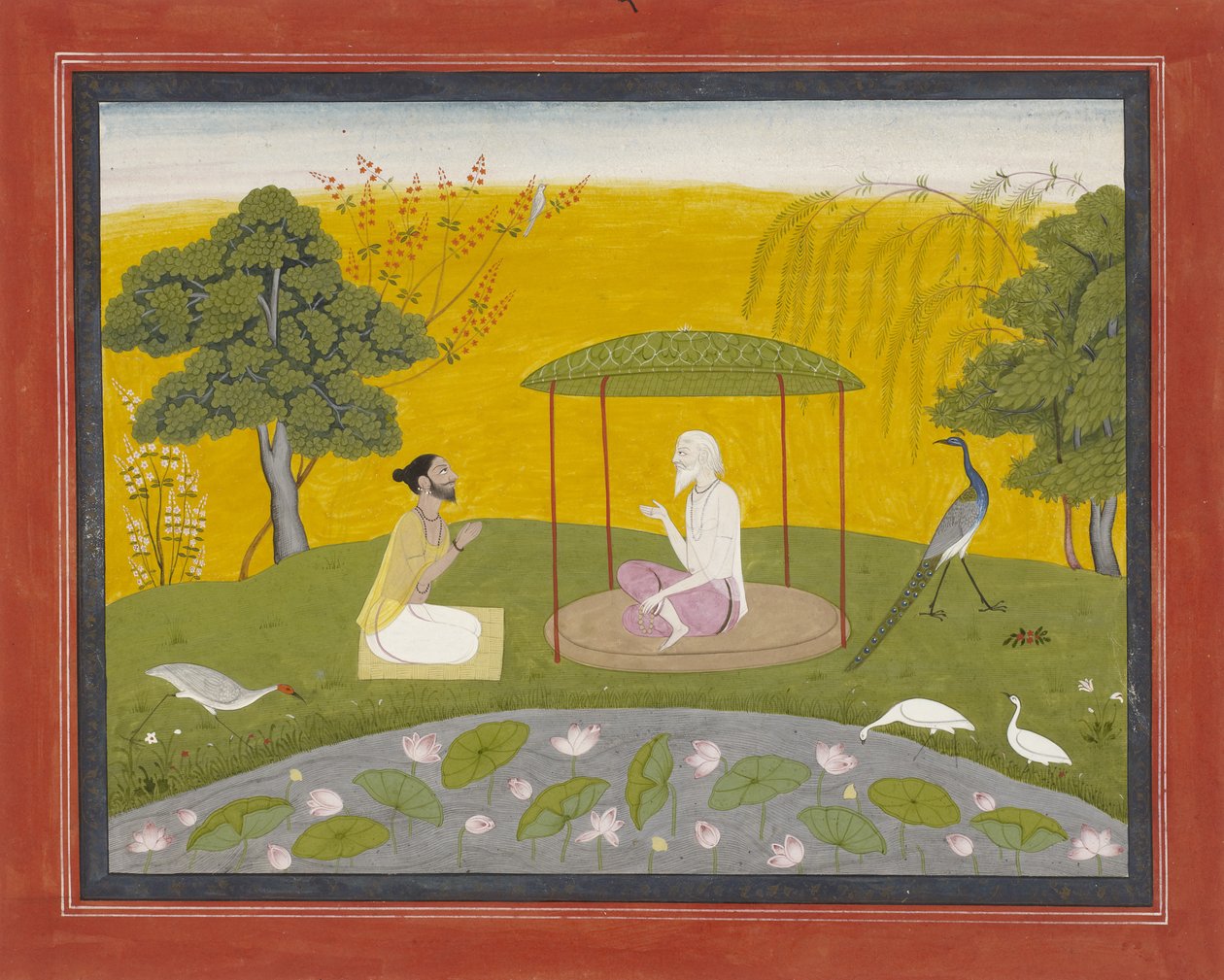 Markandeya odkazuje Jaimuni na čtyři moudré ptáky, kolem 1800-20 (neprůhledné wc na papíře, zvýrazněné zlatem) od Indian School