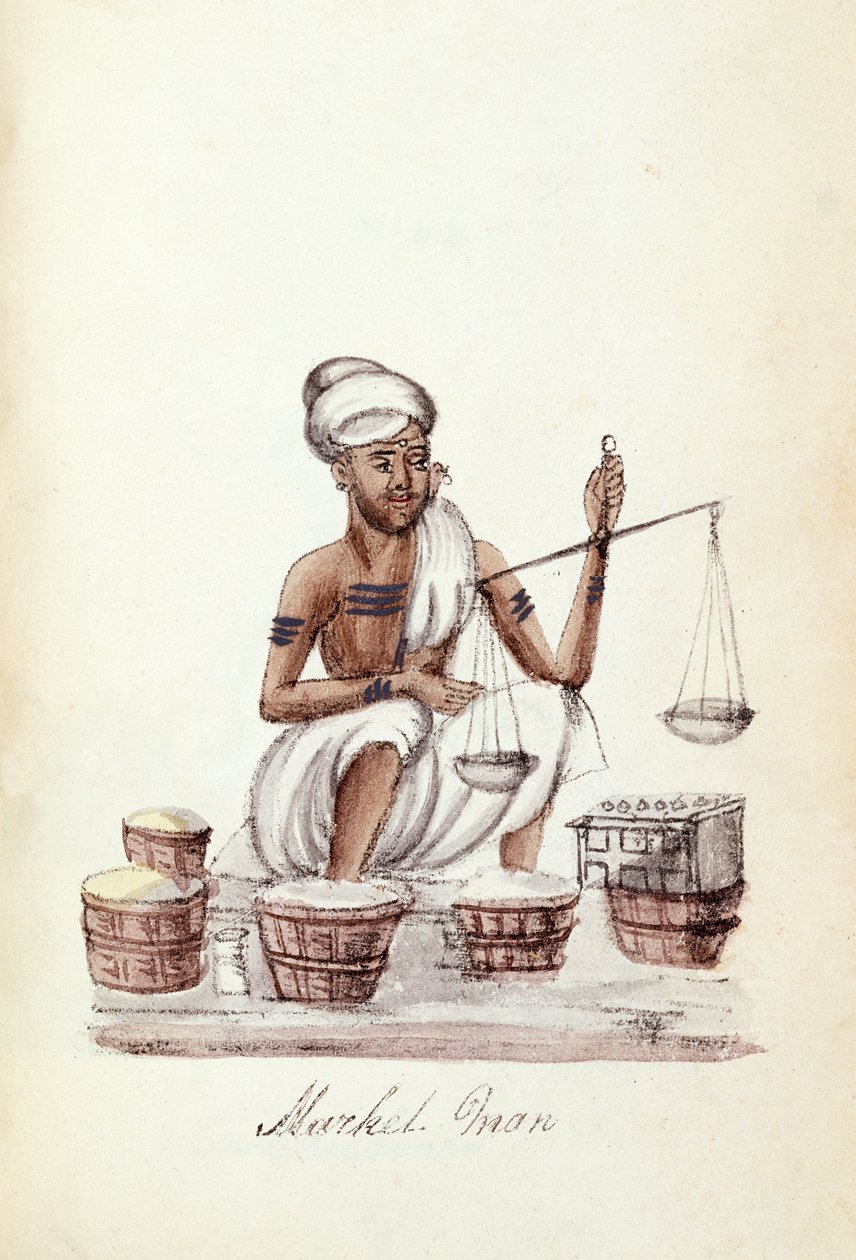 Trhovec, z „Přehledu různých kast Indie“, od Venkata Ramasvani, publikoval Madras 1837 (barevné lito) od Indian School