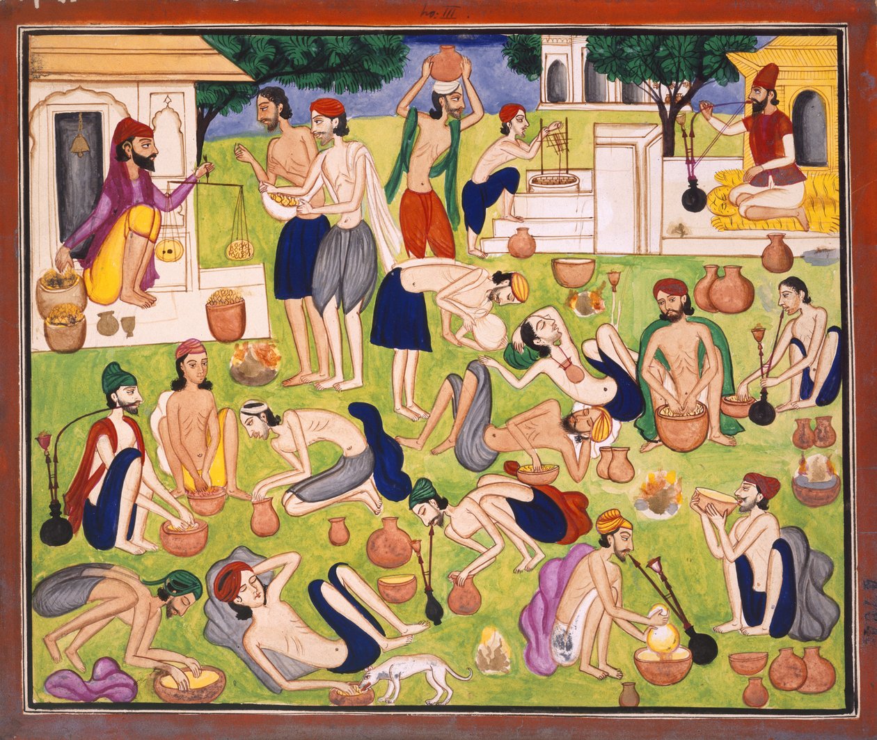 Muži kouřící opium, sedící nebo ležící na zemi, kolem roku 1870 (akvarel na papíře) od Indian School