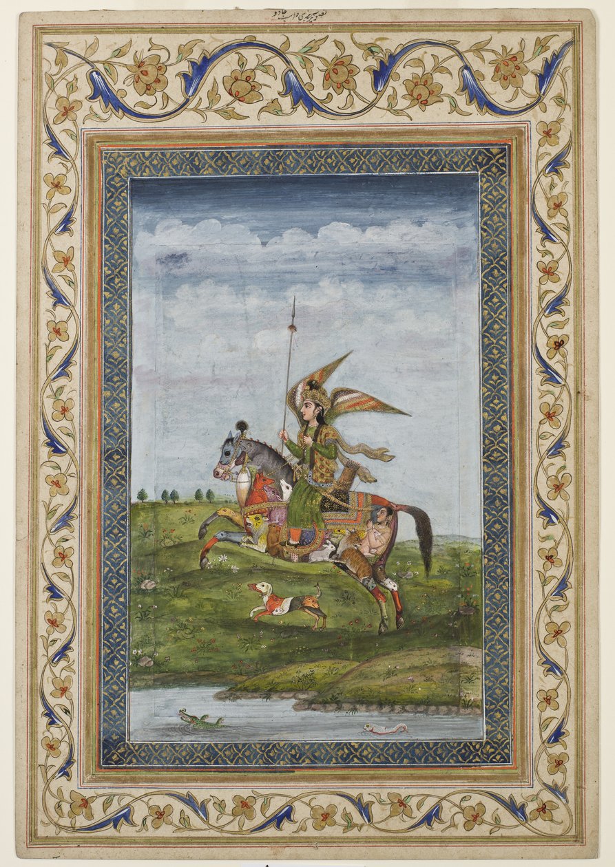 Miniatura zobrazující scénu okřídlené postavy na koni, pravděpodobně škola Dillí, Mughal, Indián, začátek 19. století (akvarel a zlacení na papíře) od Indian School