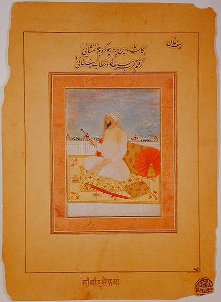 Miniatura Saifa Khana, guvernéra Agra, Indie, cca 1670-80 (neprůhledné minerální pigmenty na žlutohnědém papíru) od Indian School
