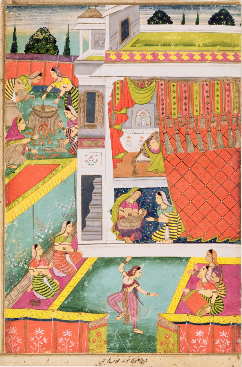 Miniaturní malba oslavující narození dítěte, možná Aurangabad, Deccan (neprůhledné minerální barvy na lesklém papíře) od Indian School