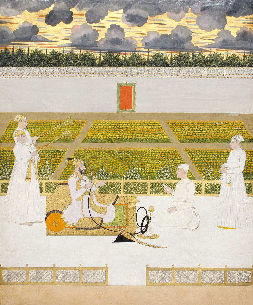 Mir Jaffar, Nawab z Murshidabadu, s dvořanem a průvodci, kolem 1760 (neprůhledné wc a zlato na papíře) od Indian School