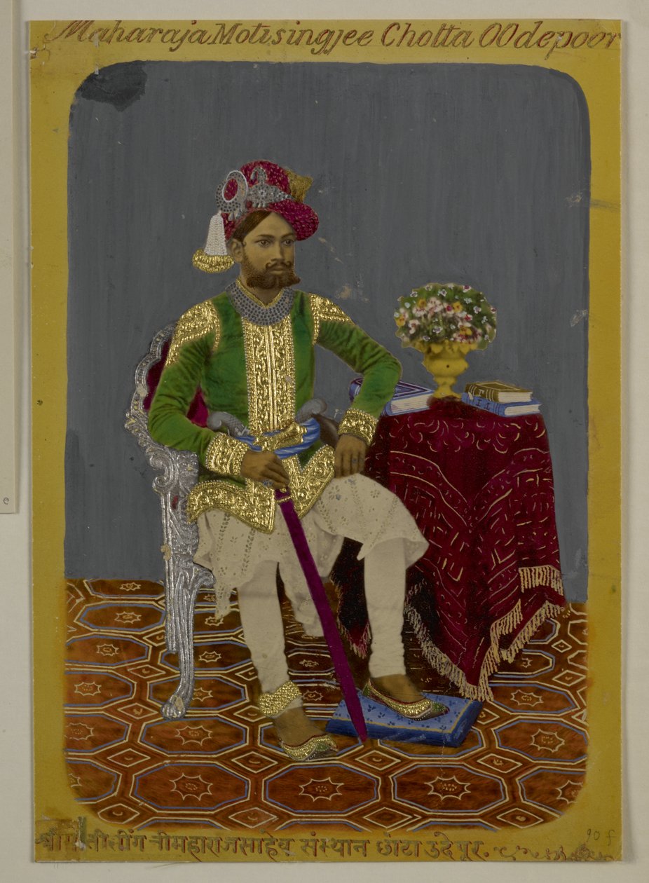 Mss Eur G.38/2 f.90 Moti Singh z Udaipuru, kolem roku 1870 (akvarel a zlato na papíře) od Indian School