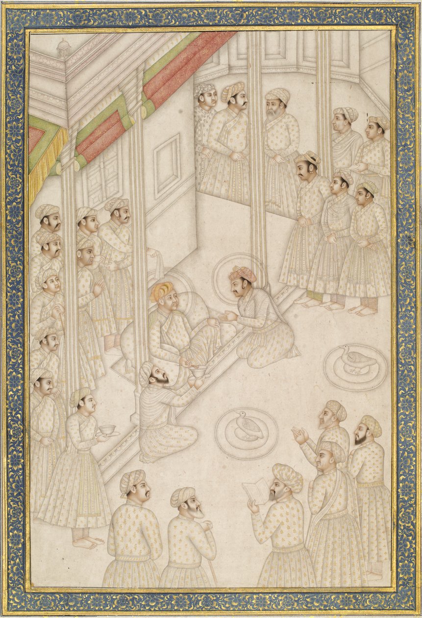 Mughalský císař Akbar držící soud během své poslední nemoci, polovina 18. století (list alba; pigment se zlatem na leštěném papíře) od Indian School