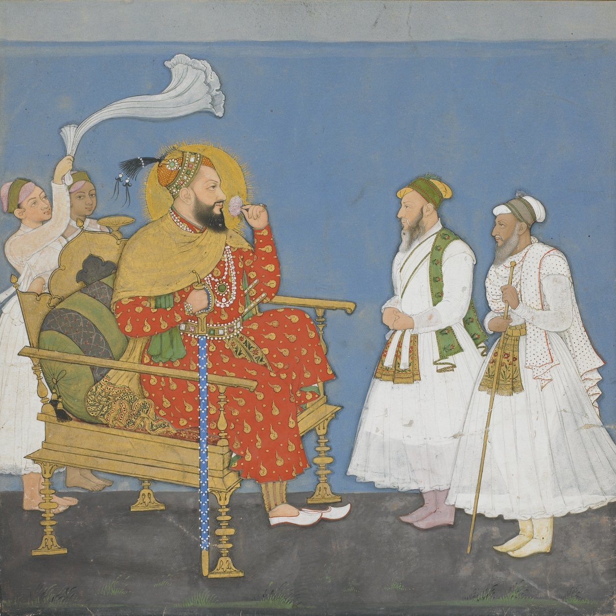 Muhammad Adil Šáh II. s dvořany a doprovodem (neprůhledná čb a zlato na papíře) od Indian School