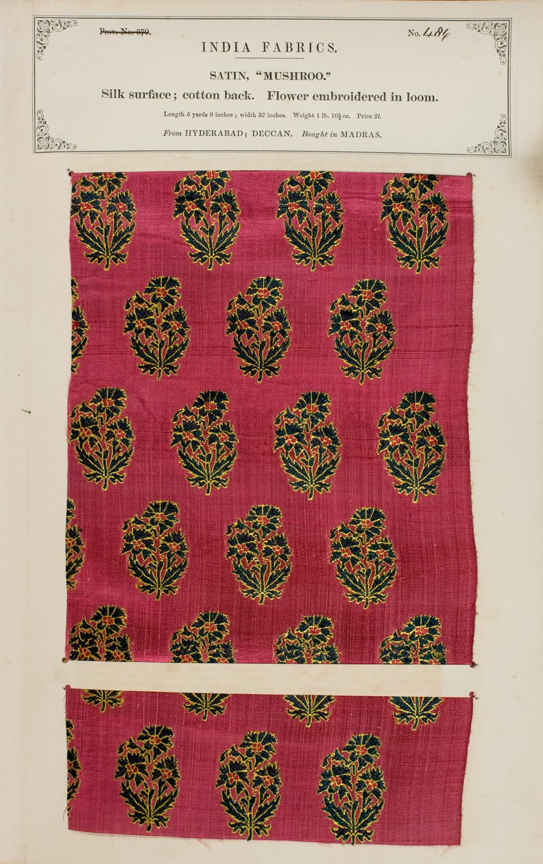 Vzorek saténu Mushroo z Hajdarábádu v Dekkánu, ze sbírky The Collection of the Textile Manufacturers of India od Johna Forbese Watsona, vydané v roce 1866. od Indian School