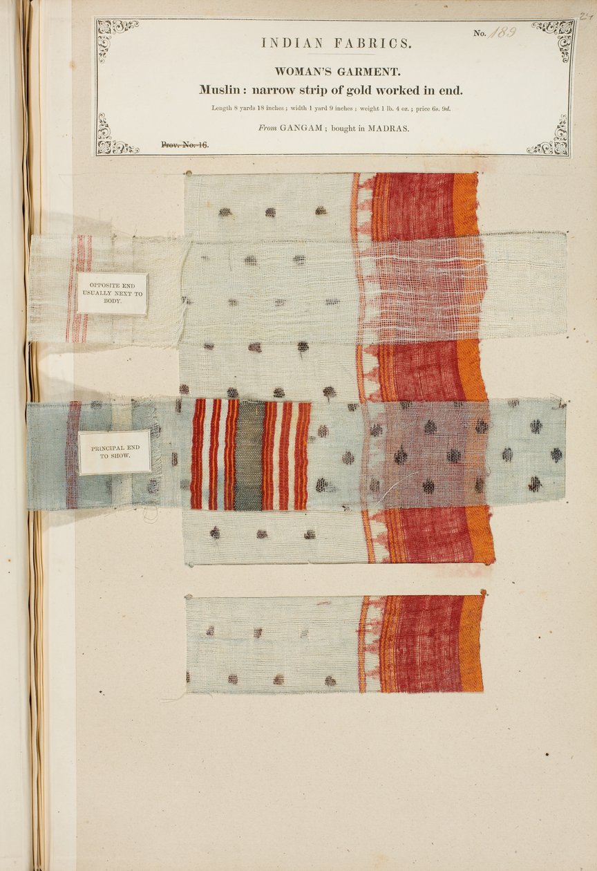 Vzorek mušelínu z Ganhamu, zakoupený v Madrásu, ze Sbírky indických textilních výrobců od Johna Forbese Watsona, vydané v roce 1866. od Indian School