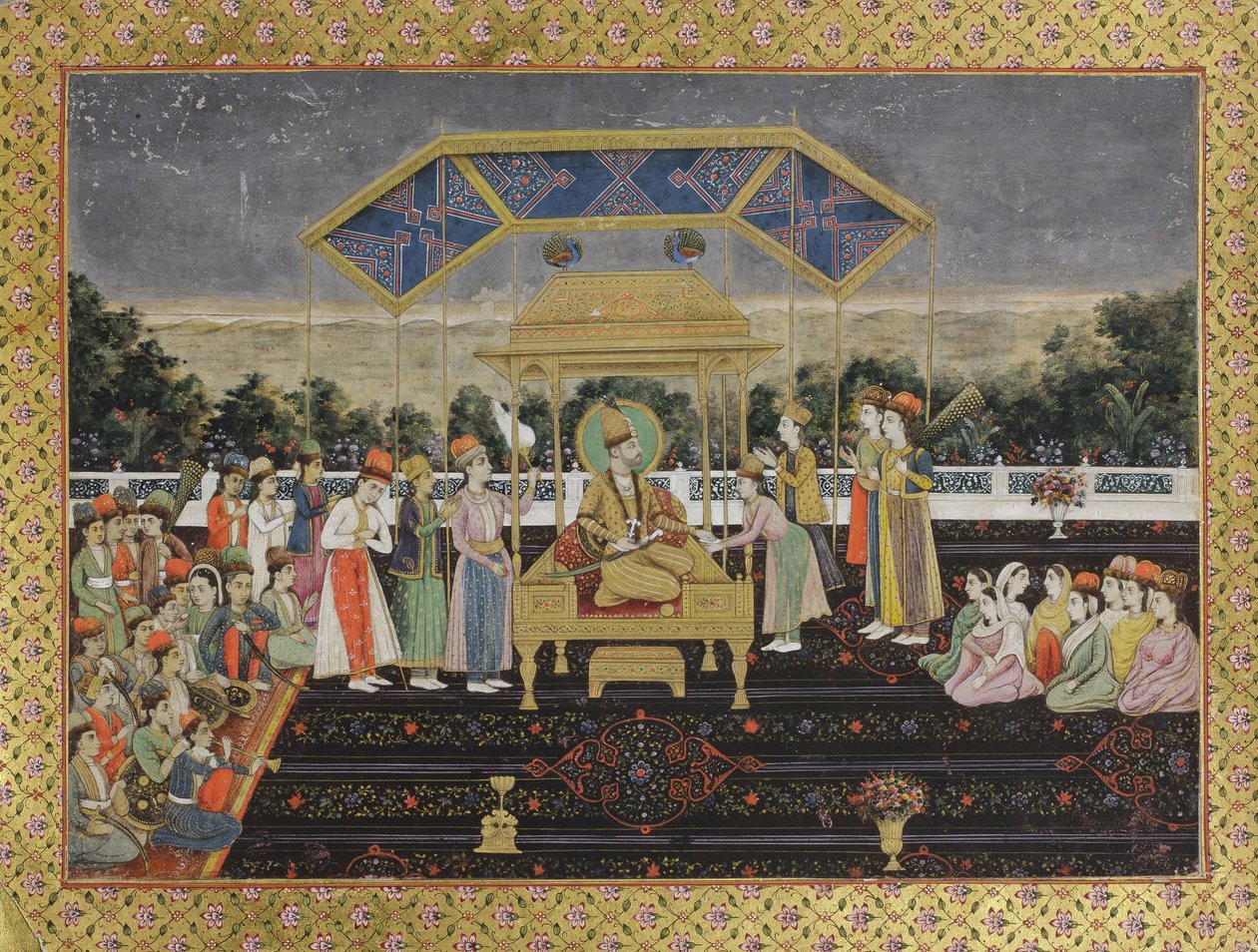 Nadir Shah na pavím trůnu po jeho porážce Muhammada Shaha, kolem roku 1850 (neprůhledné wc na papíře) od Indian School