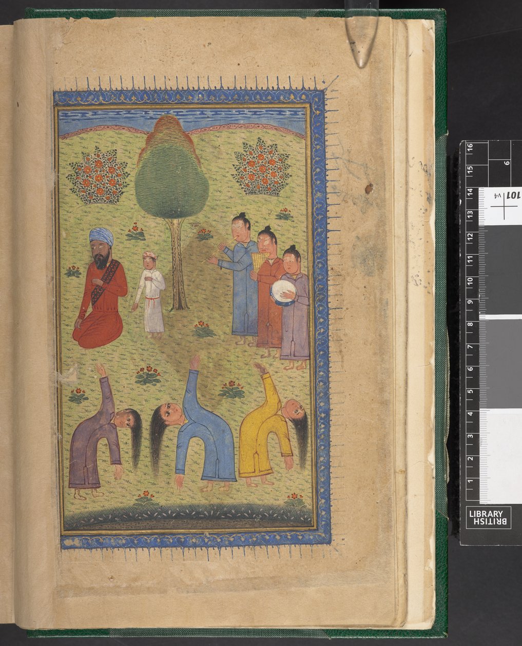 OMS/Or.1403, f.9v: Súfijští tančící s hudebníky a diváky z „The Shahnameh“, dlouhé epické básně napsané perským básníkem Ferdowsim, Indie od Indian School