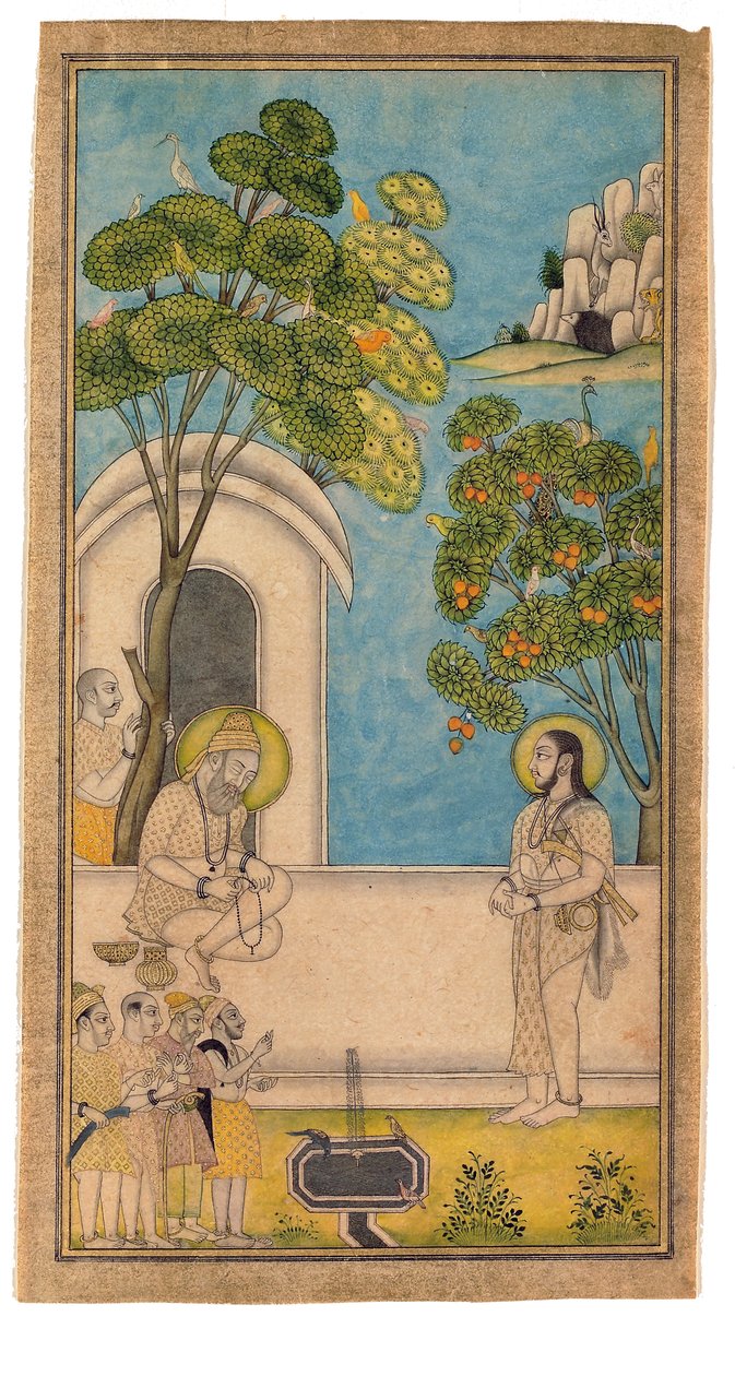 Jeden svatý muž přichází navštívit druhého, 1700-25 (neprůhledné wc a zlato na papíře) od Indian School