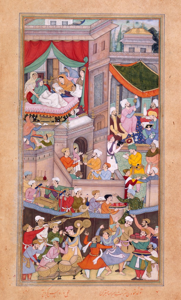 Nebo. 12988, f.34v Astrologové odlévají horoskopy během oslav narození Timura (1336) od Surdase Gujaratiho od Indian School