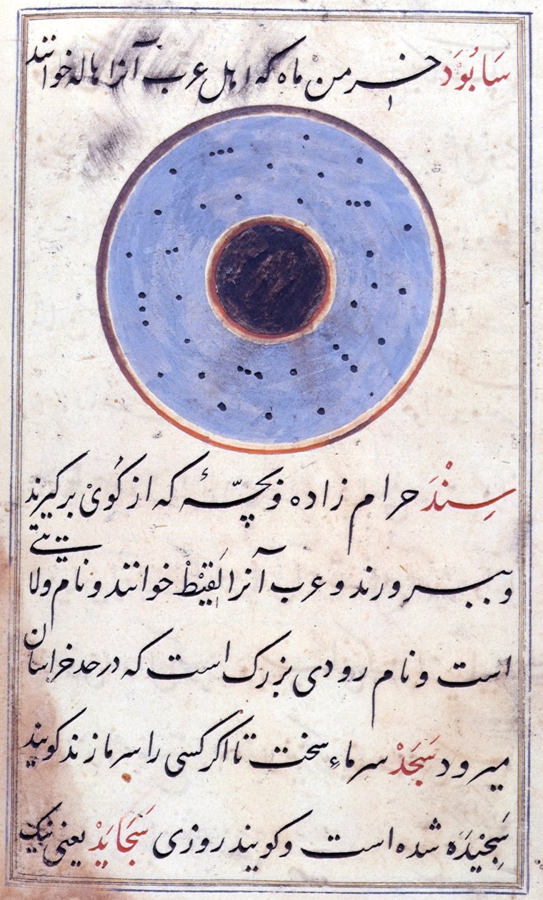 Nebo 3299 fol.158v „Sabud“ neboli lunární halo, od „Miftah al-Fuzala“ od Muhammada ibn Da