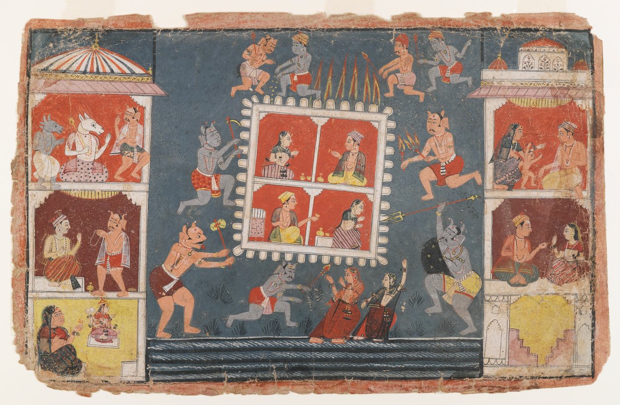 Stránka ze série Dispersed Bhagavata Purana Series, c.1610-1650 (neprůhledné wc na papíře) od Indian School