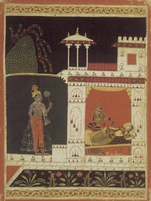 Paradhina Nayika, z ‚Rasavali of Puhakara‘ napsaný na zadní straně v Devanagari, Malwa, Rajput School od Indian School