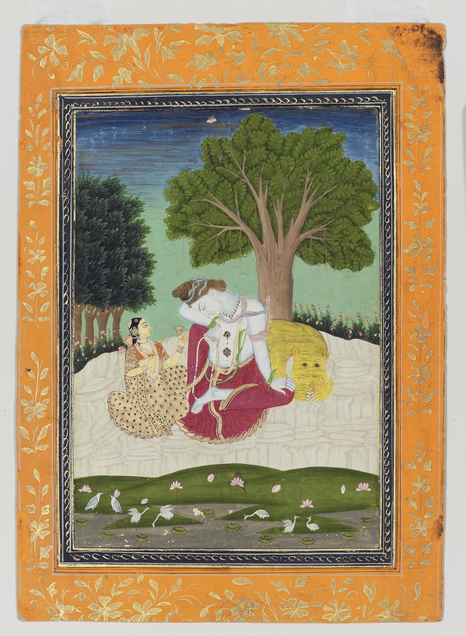 Parvati nabízí Šivovi šálek, cca 1800 (neprůhledné wc a zlato na papíře) od Indian School