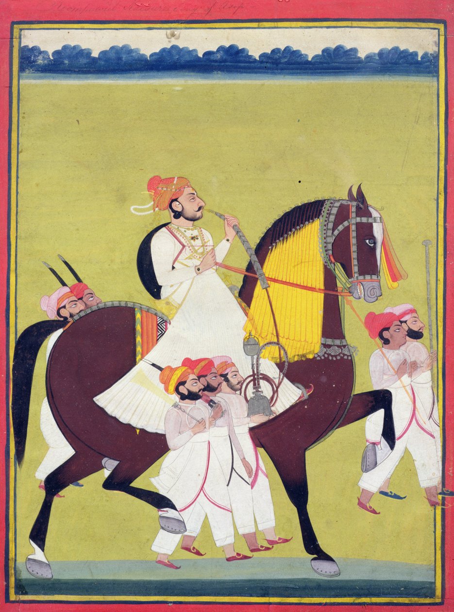 Portrét Kumbhawata Kesariho Singha z Asopu, jedoucího na koni, kouření vodní dýmky a doprovodu obsluhy, Jodhpur, kolem 1810-20 od Indian School