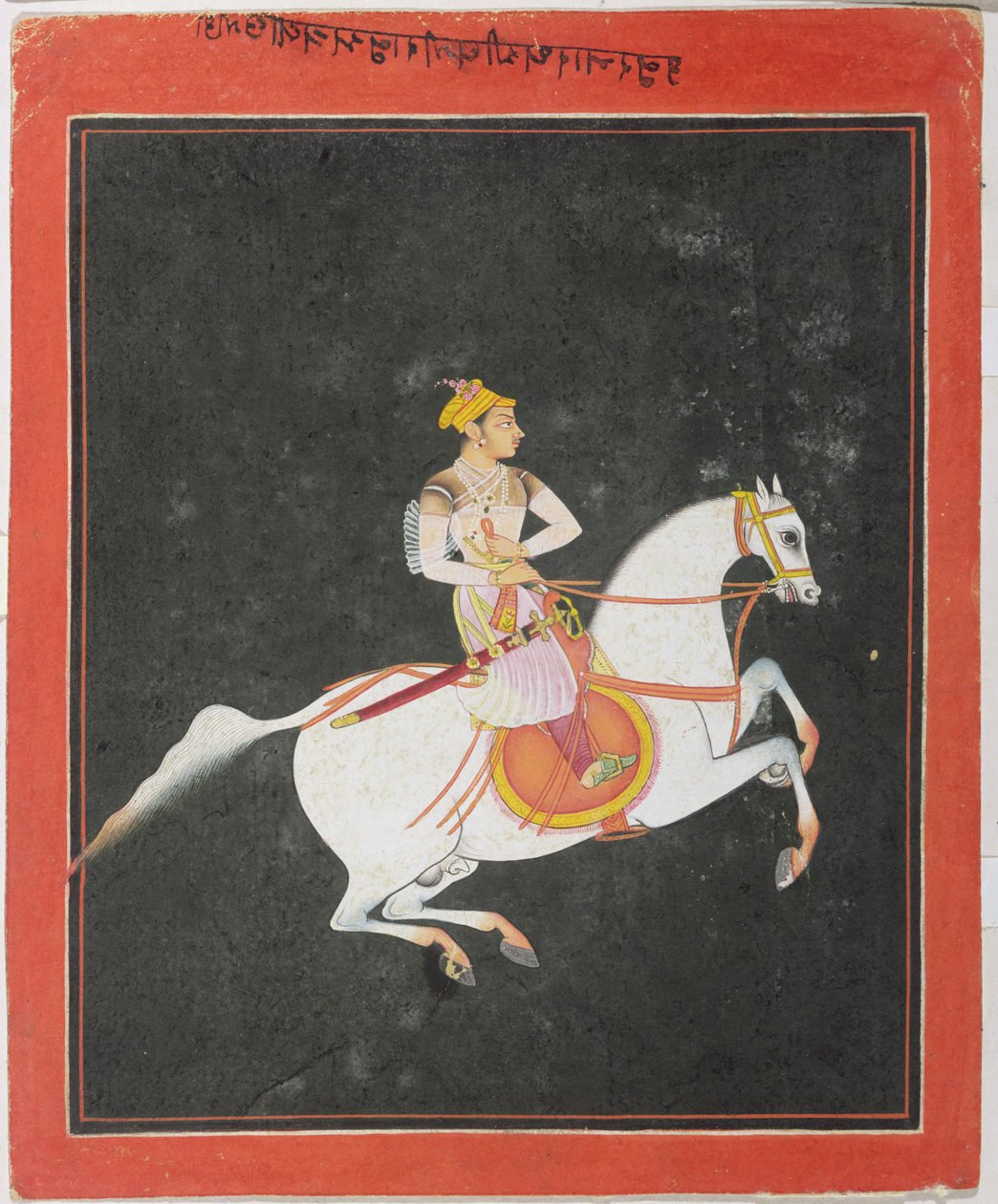 Portrét Kunwara Baharata Singha na koni, od Utkalramy, napsaný nahoře a na rubu v Devanagari, Bundi, Rajasthan, škola Rajput od Indian School
