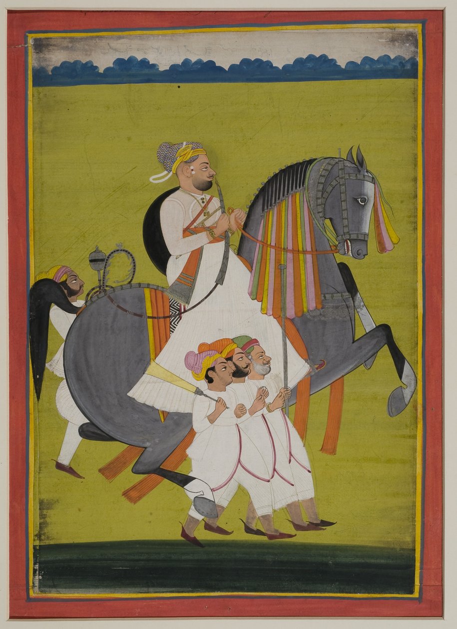Portrét Thakura Surtana Singha z Nimbaj, na koni s pěšími průvodci, 1820 (kvaš na indickém papíře) od Indian School