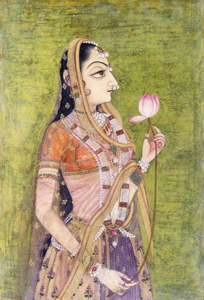 Portrét dámy držící lotos, c. 1740-1750 od Indian School