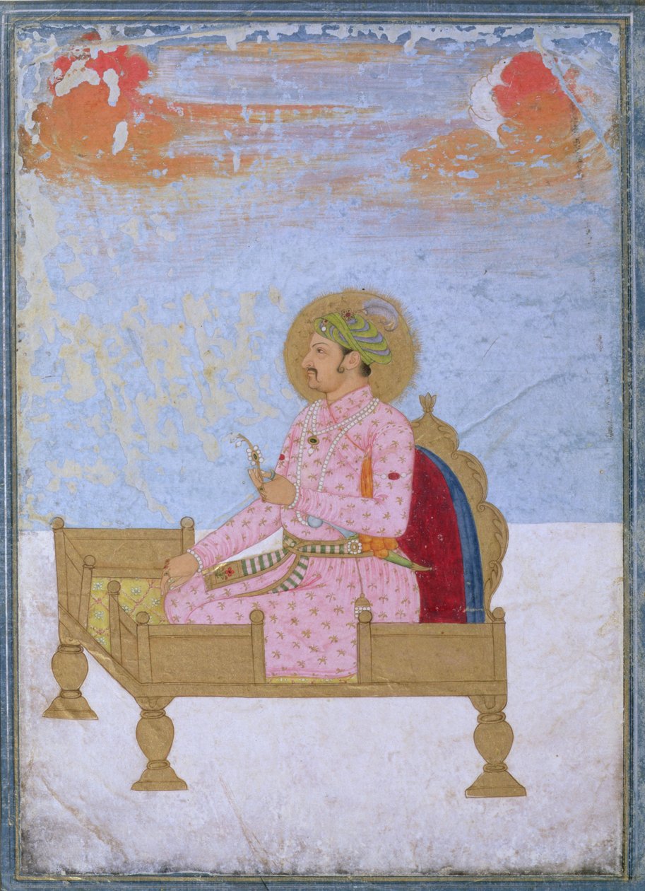 Portrét císaře Jahangira (1569-1627) sedícího na trůnu držícího sarapesh, Mughal, kolem 1720-40 od Indian School