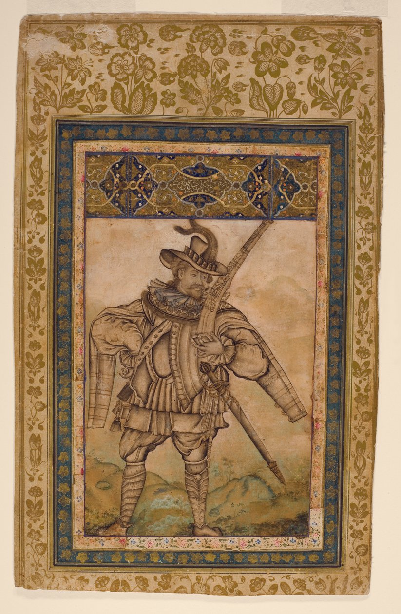 Portrét portugalského admirála Albuquerque, kolem 1615 (neprůhledné wc a zlato na papíře) od Indian School