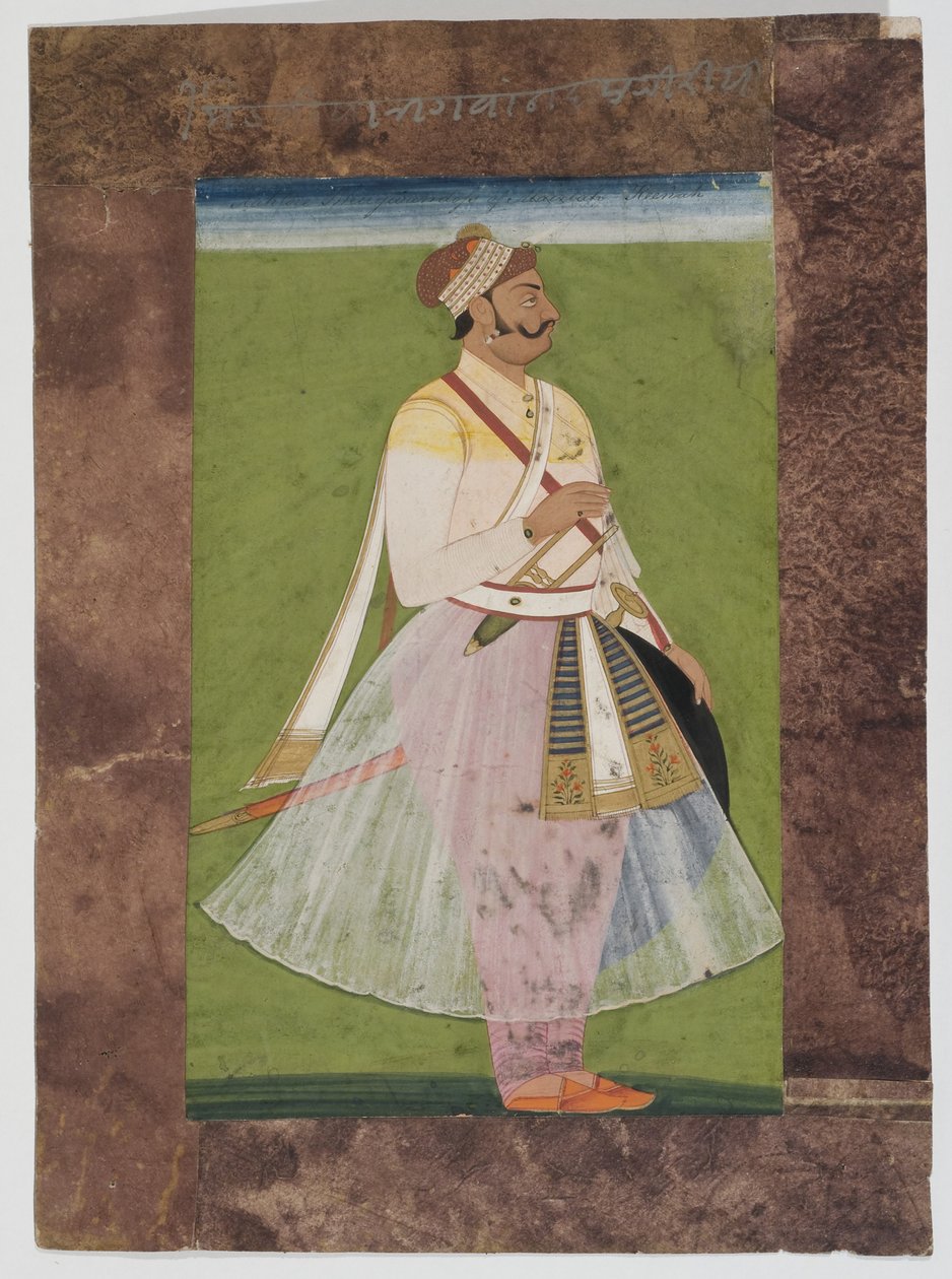 Portrét náčelníka Rathora Bhagwana Dase z klanu Mertia z Rian, Jodhpur, 1820 (vylepený kvaš na indickém papíře s kompozitním hnědým papírovým okrajem) od Indian School