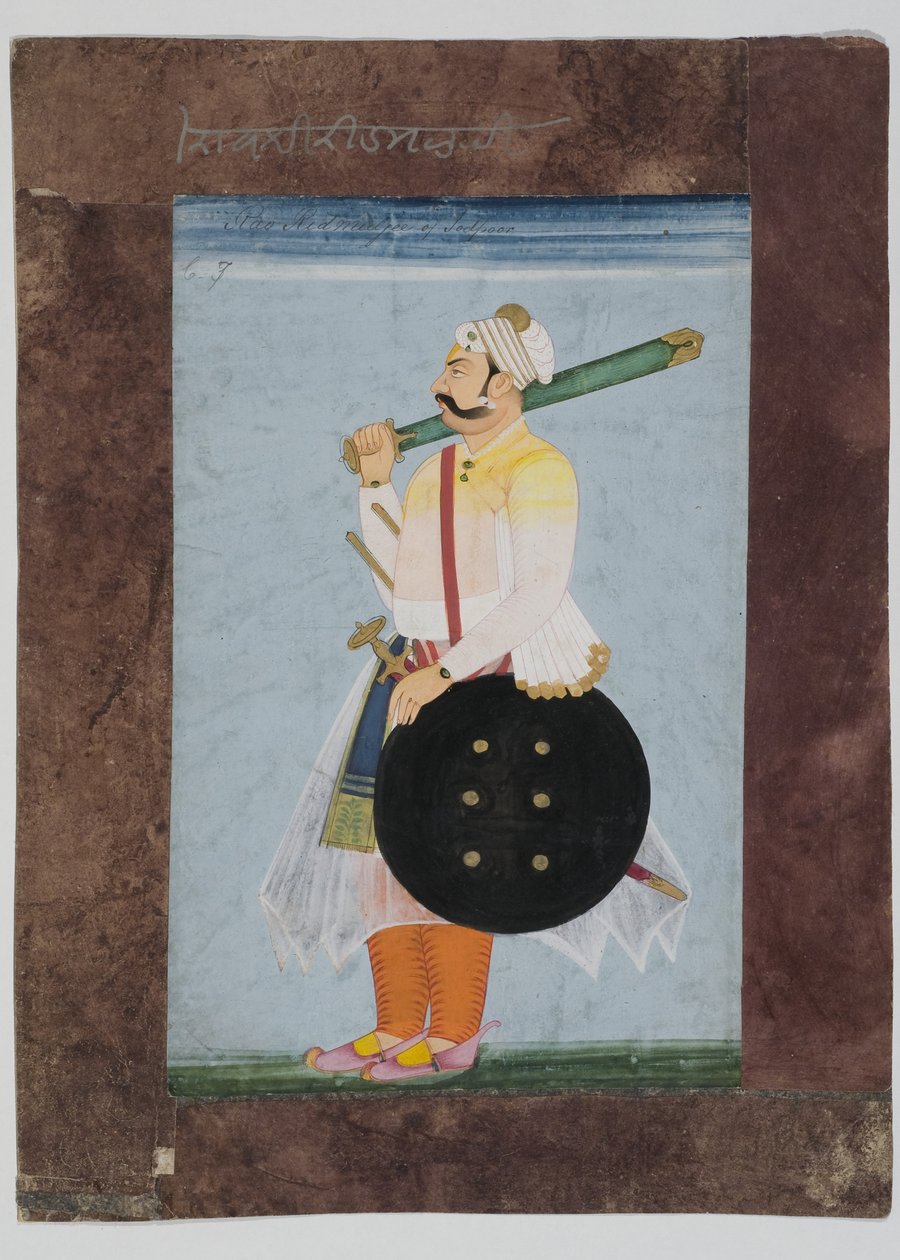 Portrét rathorského náčelníka Ridmala, 1820 (vylepený kvaš na indickém papíře s kompozitním hnědým papírovým okrajem) od Indian School