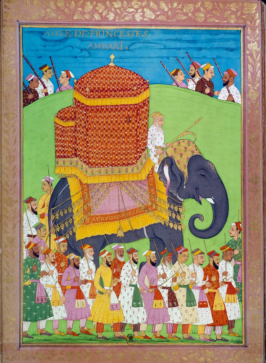 Princezna Palanquin na slonovi na dvoře Shah Alem indických a perských miniatur v „“Historie Indie od Tamertante po Orangreyb”” od Niccolo Manucciho (1638-1717). B.N., Paříž. od Indian School