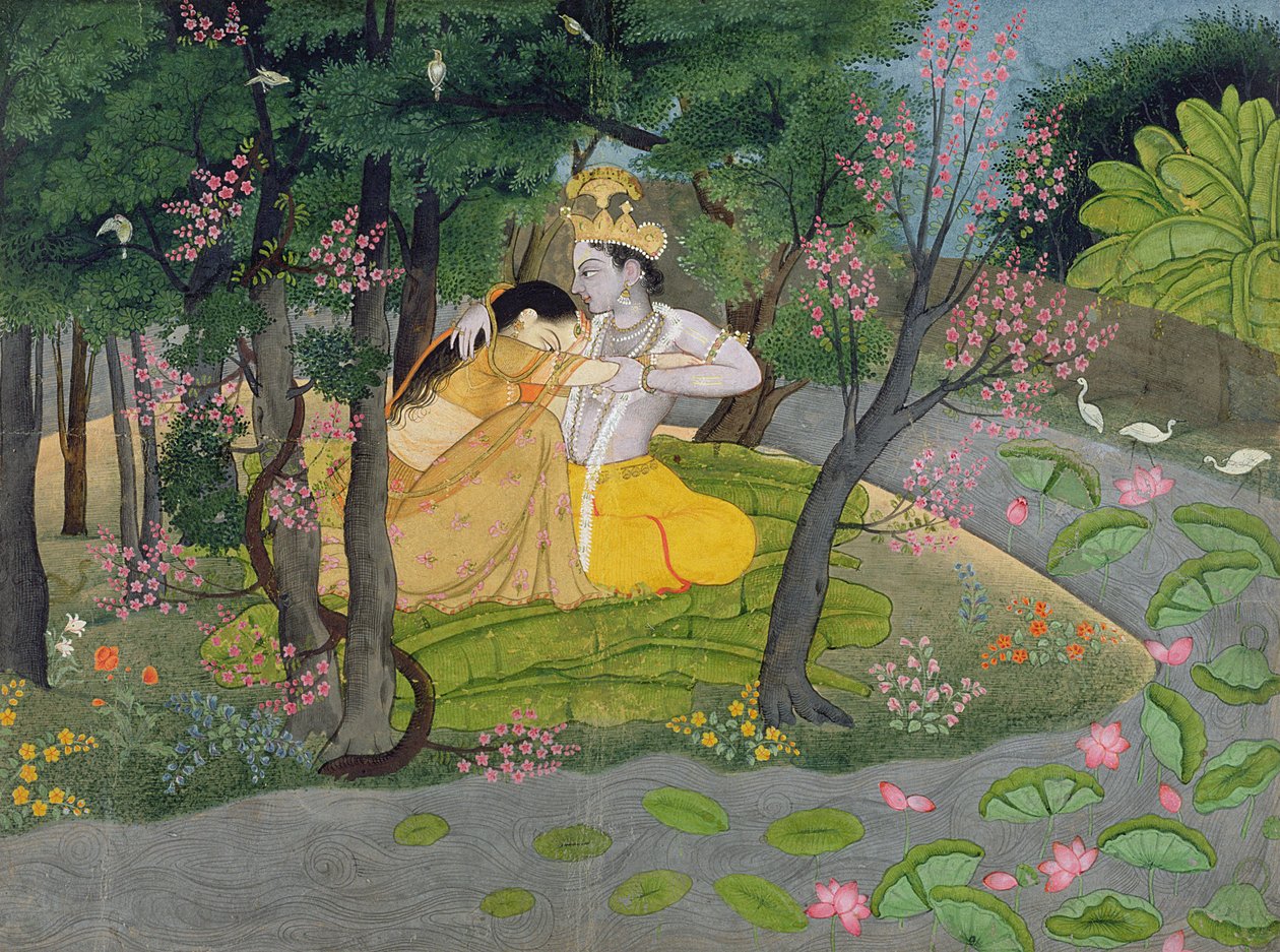 Rádha a Krišna se objímají v háji kvetoucích stromů, kolem 1780 (wc na papíře) od Indian School