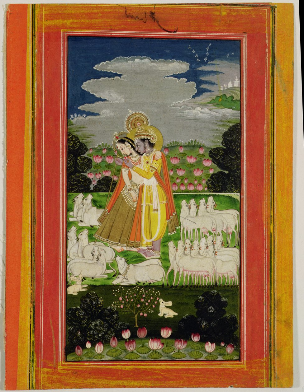 Rádha a Krišna se objímají v idealizované krajině s krávami, kolem roku 1780 (neprůhledné wc na papíře) od Indian School