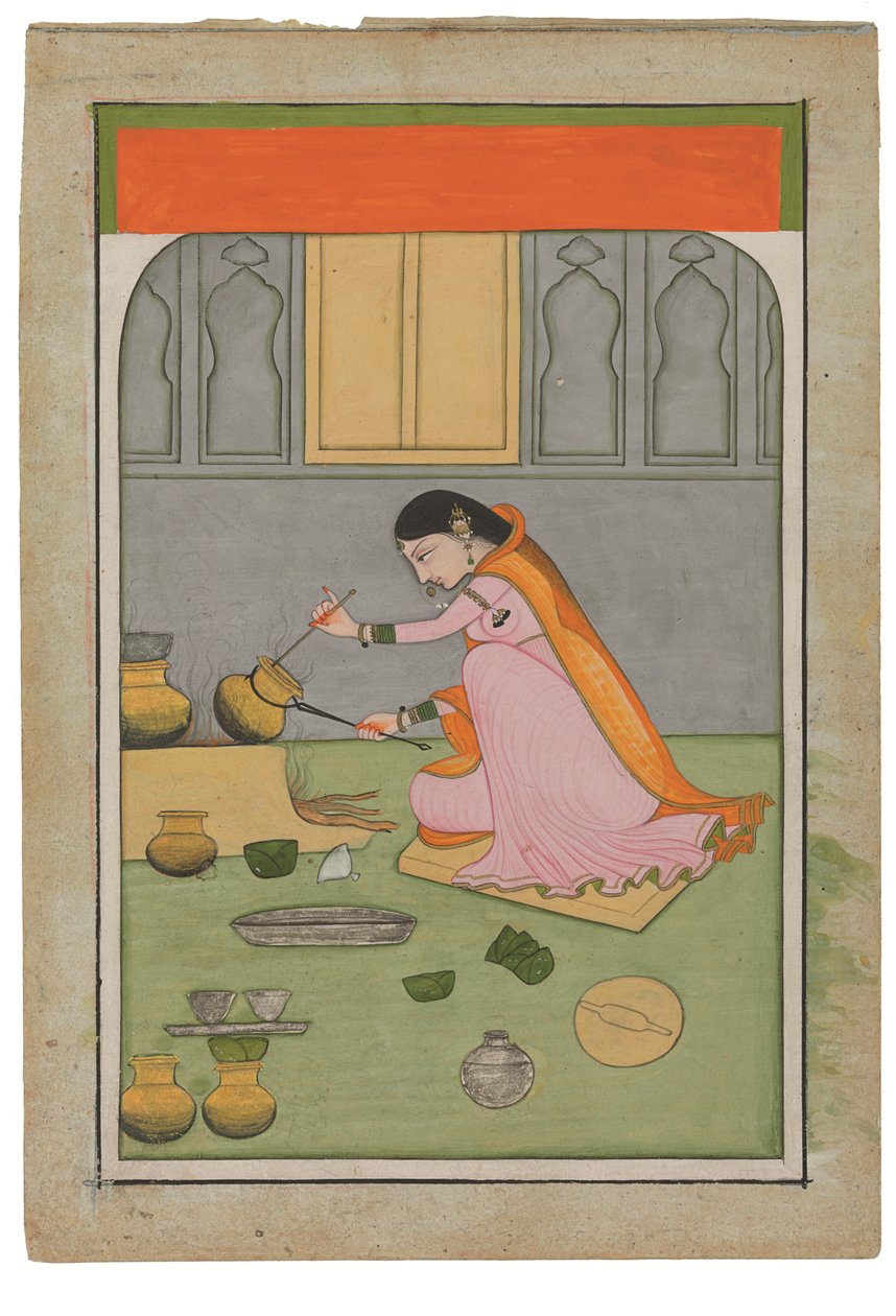 Rádha v kuchyni, kolem roku 1810 (neprůhledné pigmenty a zlato na wasli) od Indian School