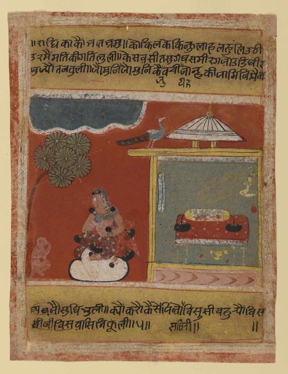 Radha touží po svém milovaném, stránka z datované série Rasikapriya, 1634 (neprůhledné wc a zlato na papíře) od Indian School