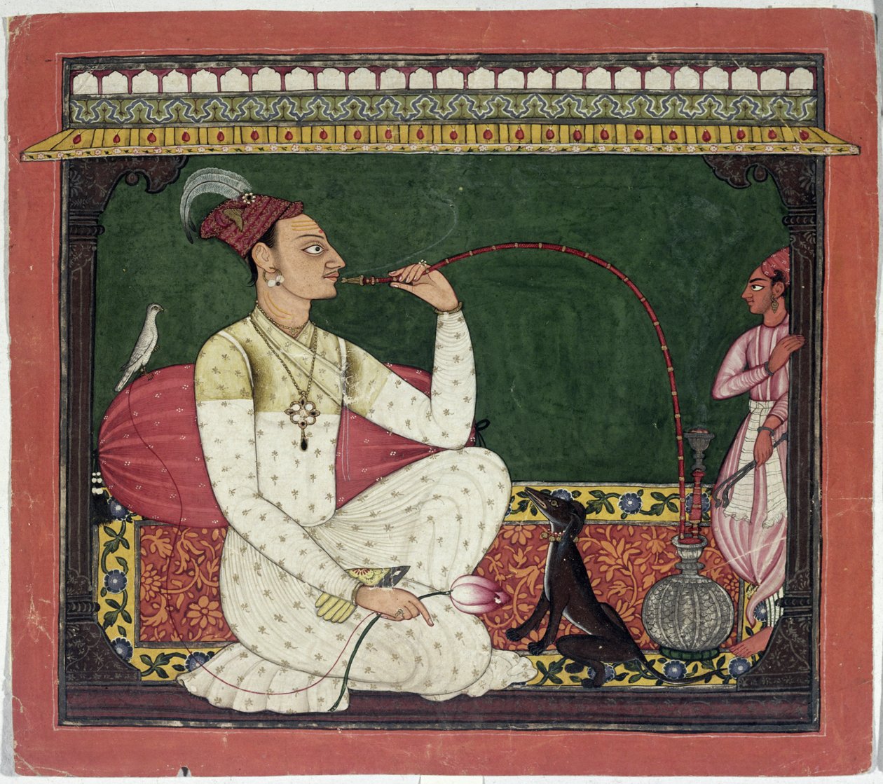 Raja Medini Pal, inspirovaný řekami v Takri Postavy Bilauria Medini Pal, Basohli, Himáčalpradéš, škola Pahari, 1735 od Indian School