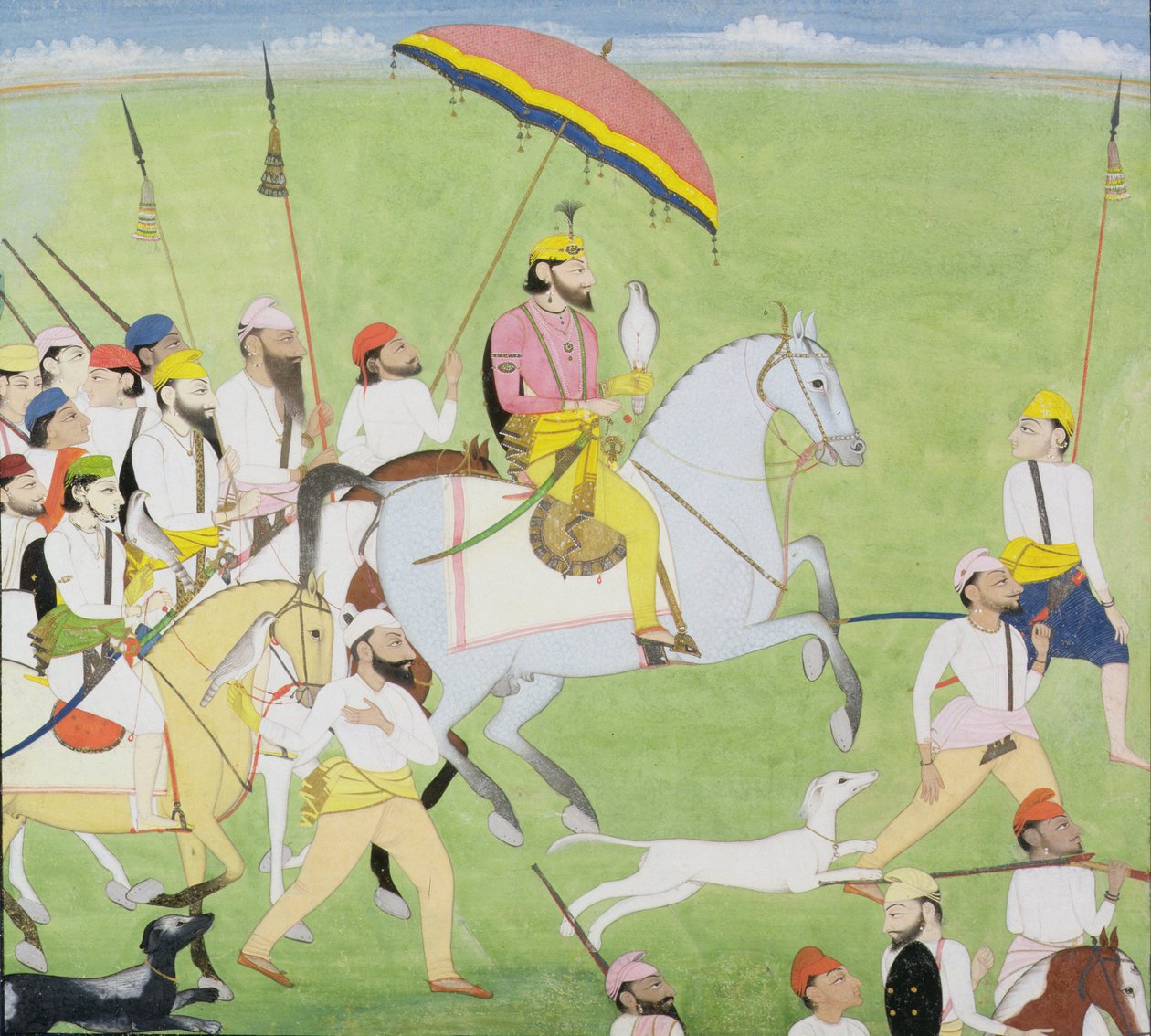 Rajah Dhian Singh (1796-1840) na lovu se společníky, kolem 1834-40 od Indian School